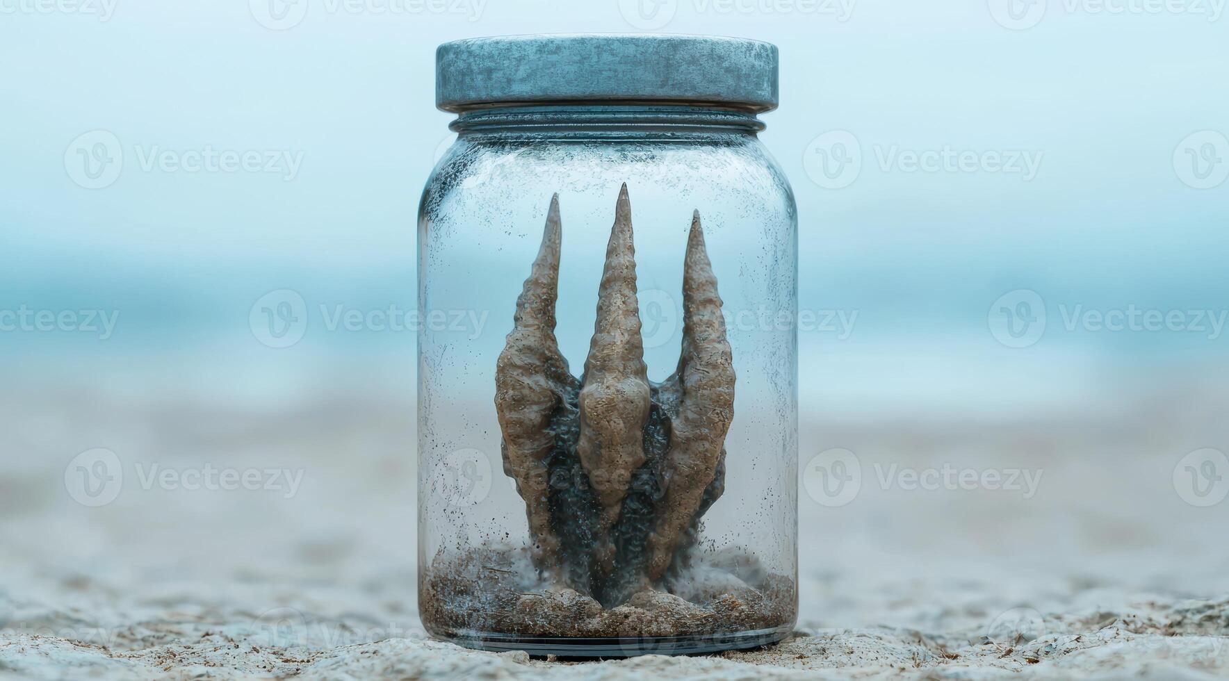 Fossilized claws preserved in glass jar on beach photo