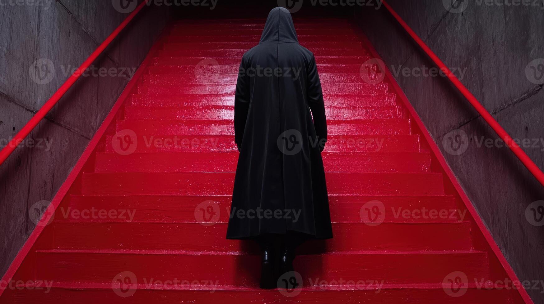Mysterious figure in dark cloak walking up red stairs photo