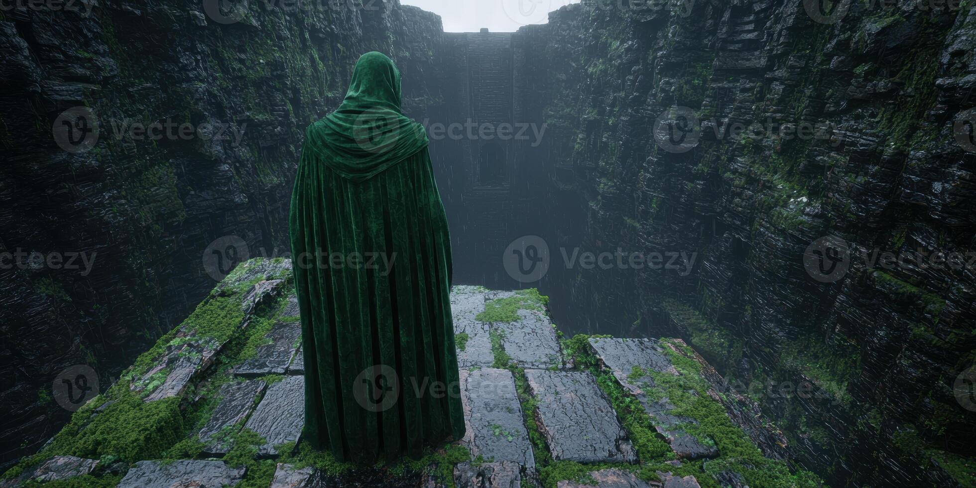 Mysterious figure in green cloak overlooking a dark, rocky canyon photo