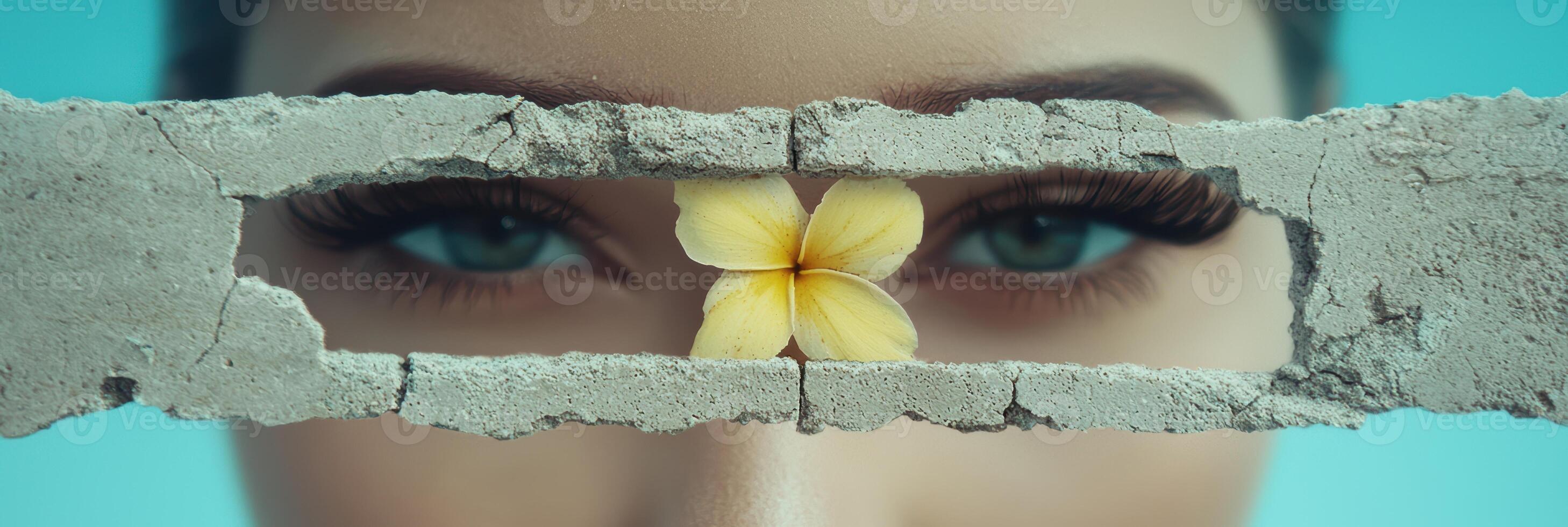 Mysterious eyes peeking through cracked concrete photo