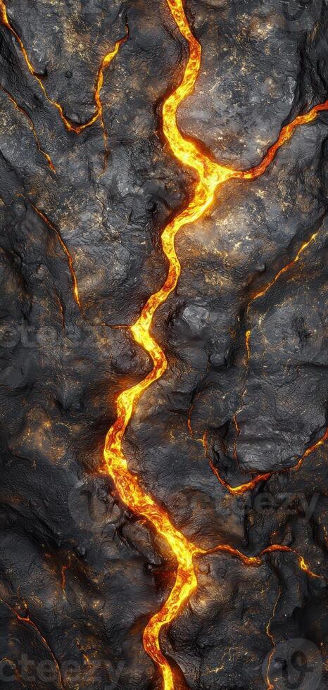 Fiery molten lava flowing through cracks in dark rock photo