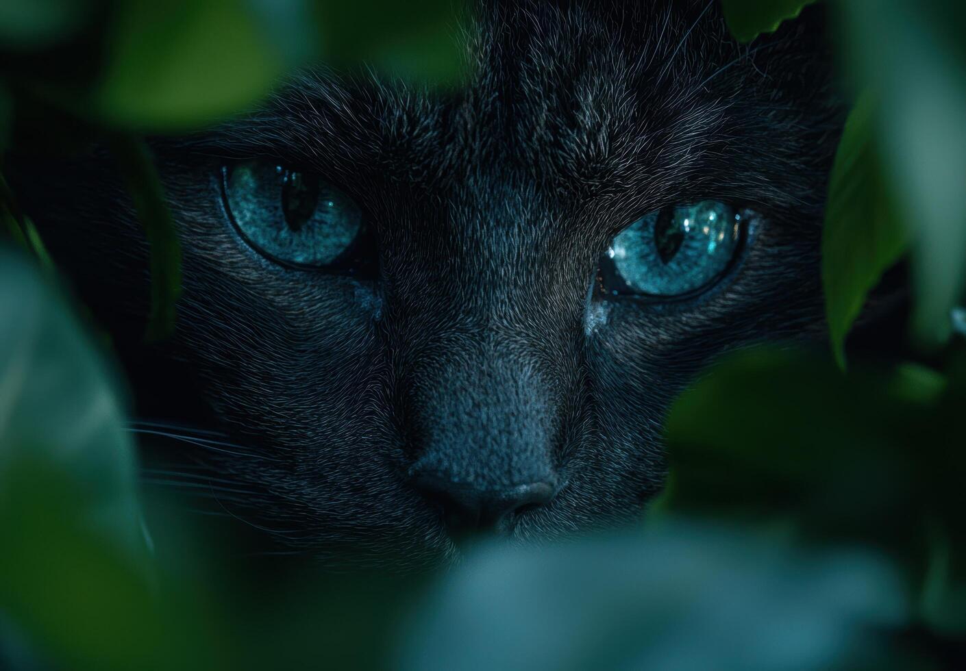 Close up of a black cats face with piercing blue eyes photo