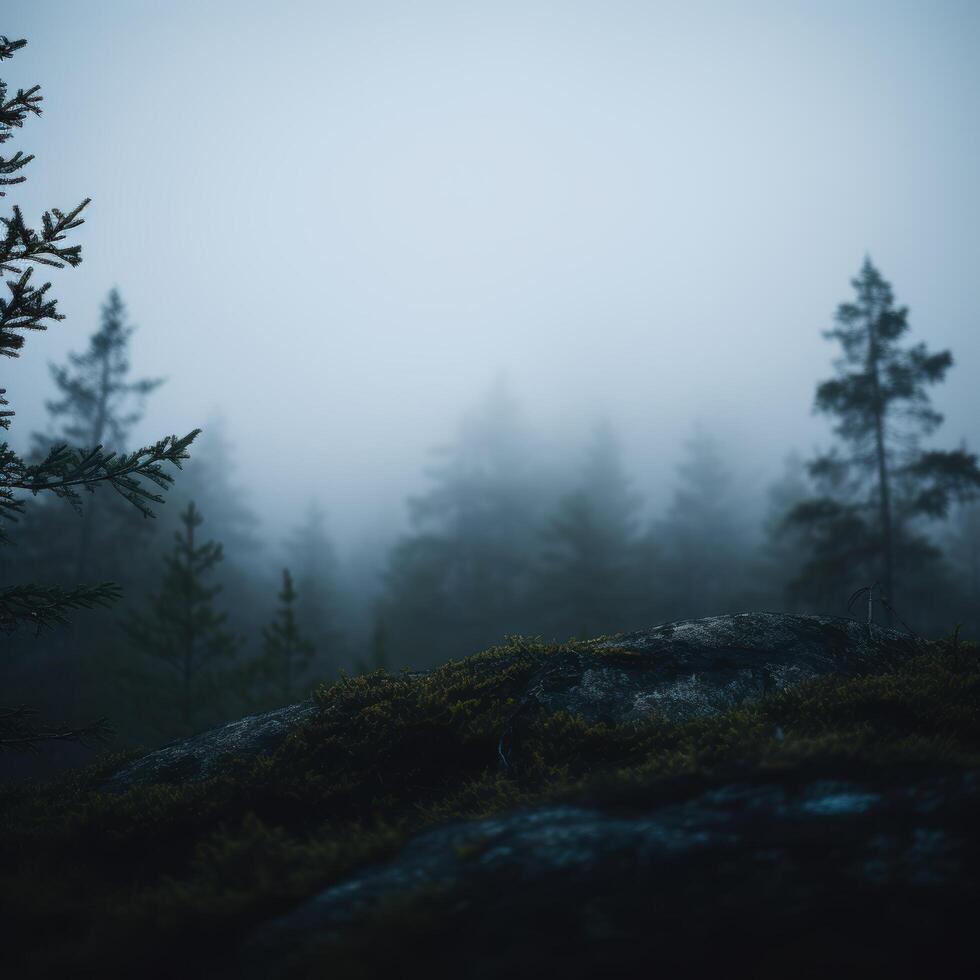 Misty forest landscape with rocky outcrop photo