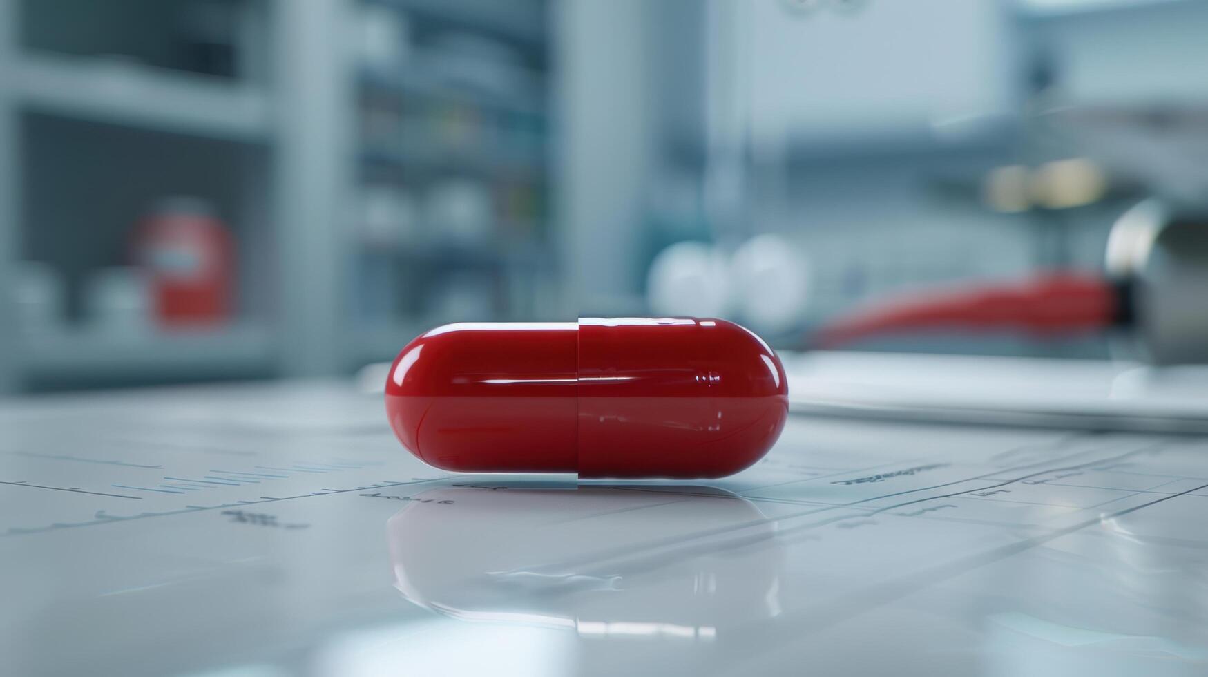 Closeup of a red medical capsule on a reflective surface photo