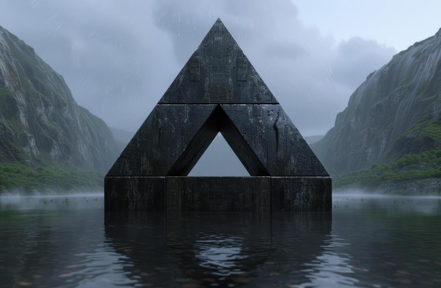 Mysterious pyramid structure in misty mountain lake photo