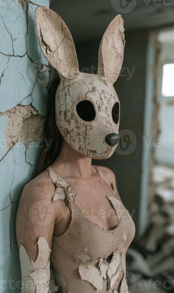 Creepy bunny mask in abandoned building photo