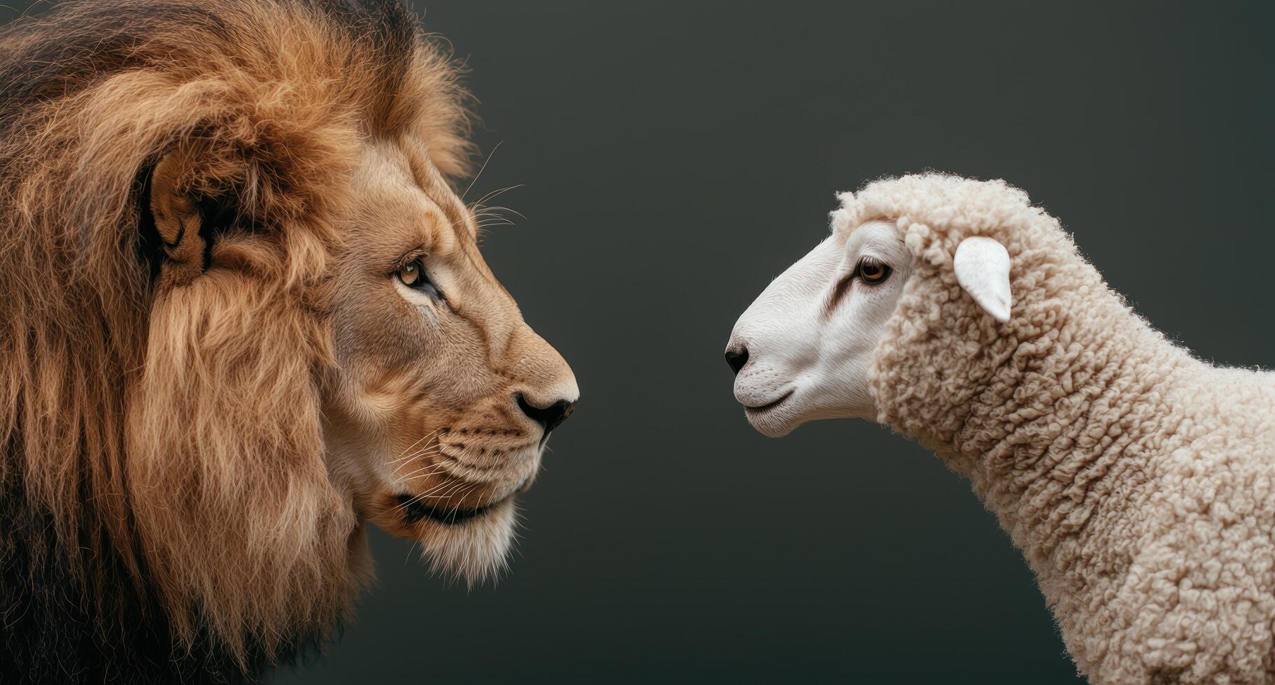 Powerful lion and innocent lamb face off photo