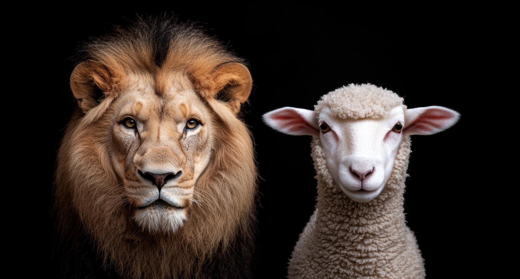 Powerful lion and innocent lamb photo