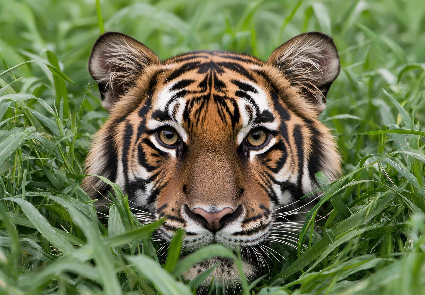 close up of a tiger in tall grass photo