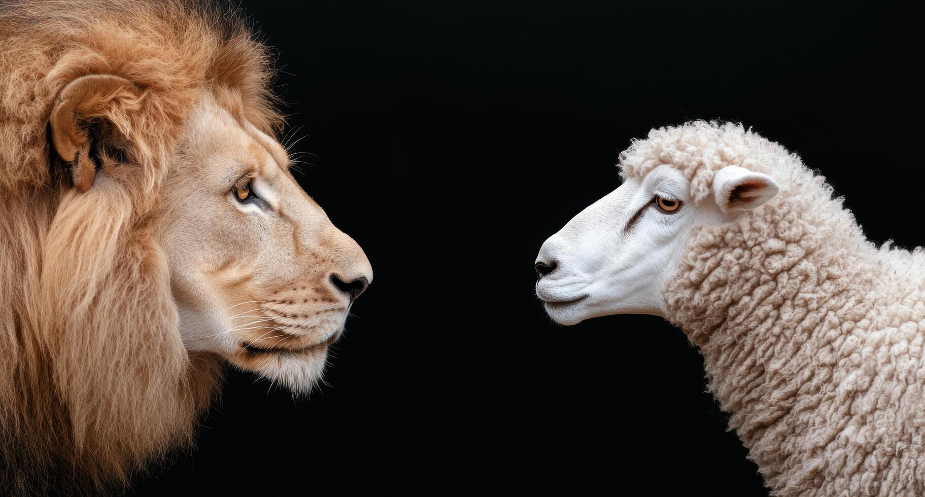 Powerful lion and gentle sheep face to face photo