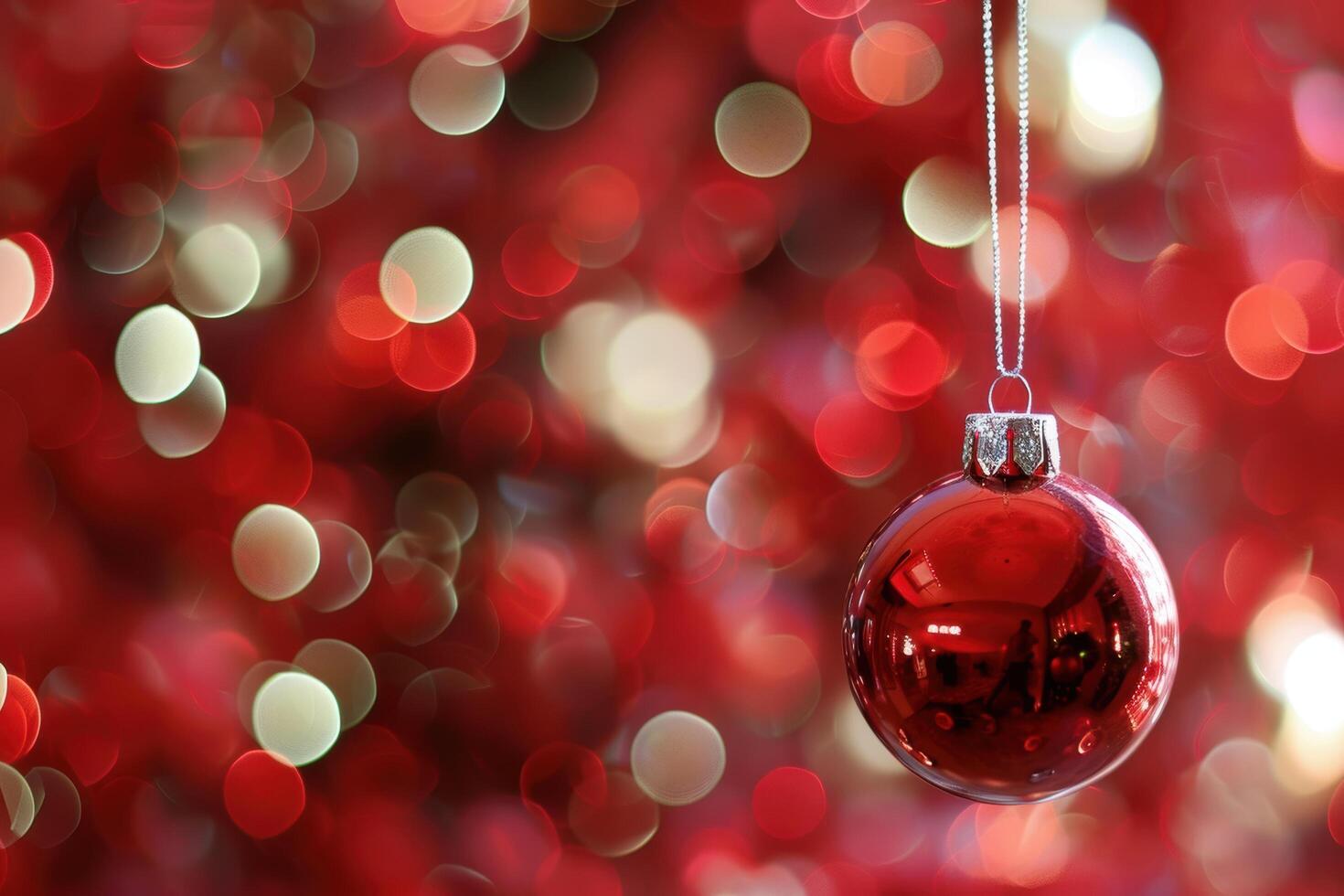 festive christmas ornament with blurred red and white bokeh background photo