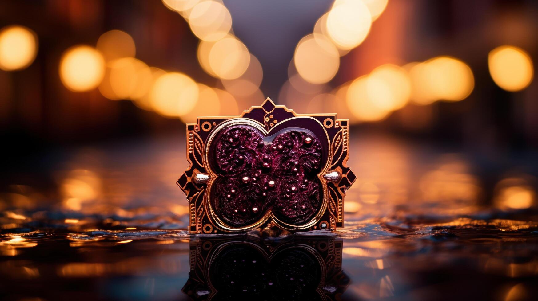 Ornate jewelry box reflecting in water with bokeh lights photo