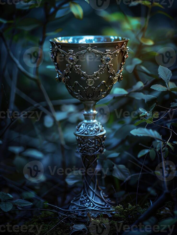 Ornate medieval chalice in dark forest photo