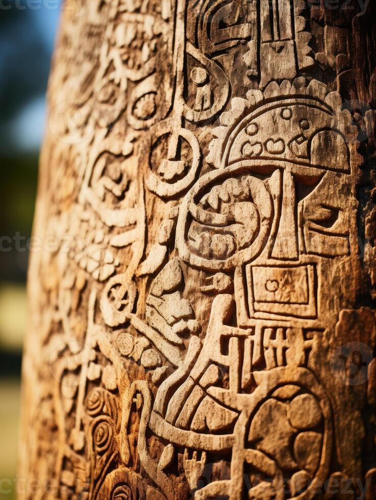 Intricate carved wooden totem pole with abstract symbols photo