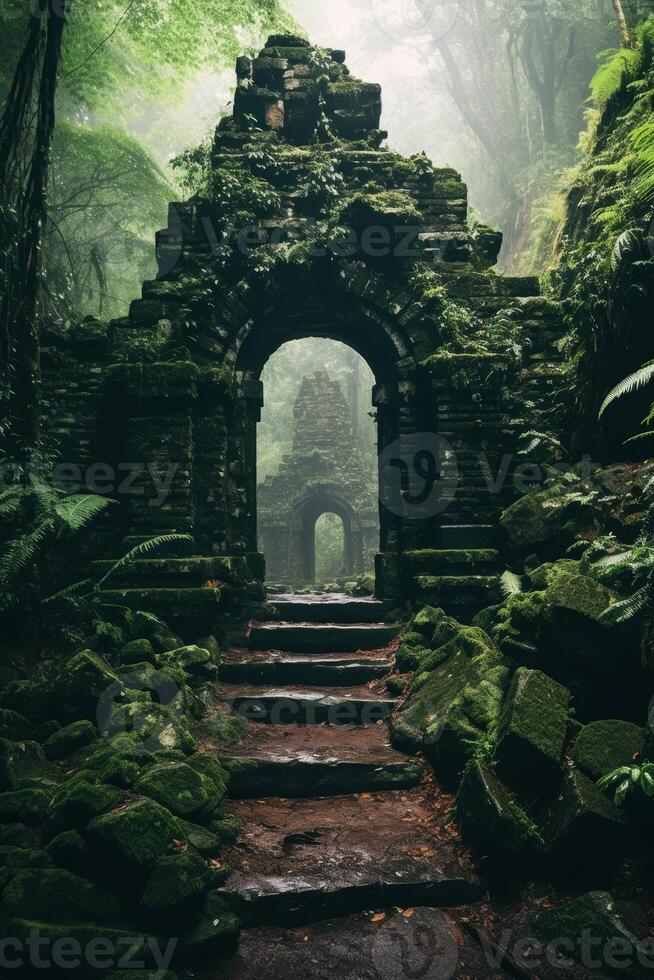 Mysterious ancient ruins in lush jungle photo