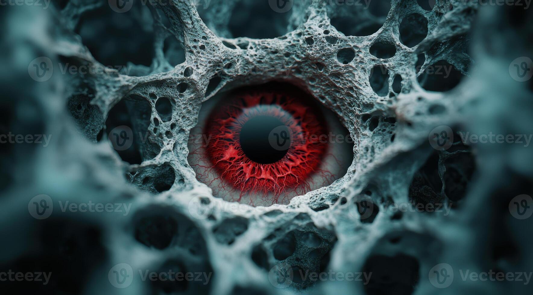 Captivating close up of a red eye surrounded by an intricate network of veins photo