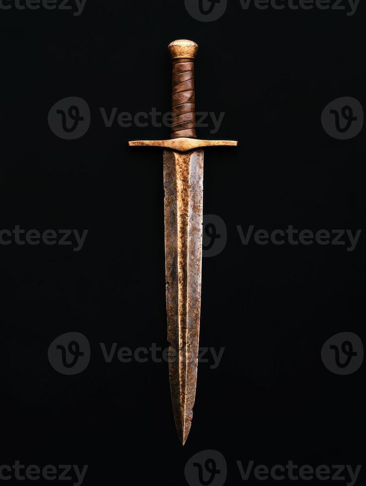Antique sword with leather wrapped handle on black background photo