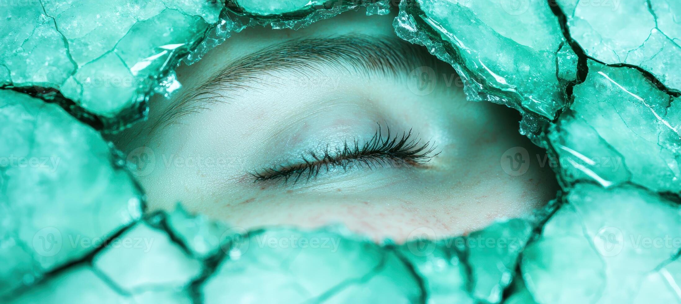 Serene eye surrounded by turquoise crystal photo