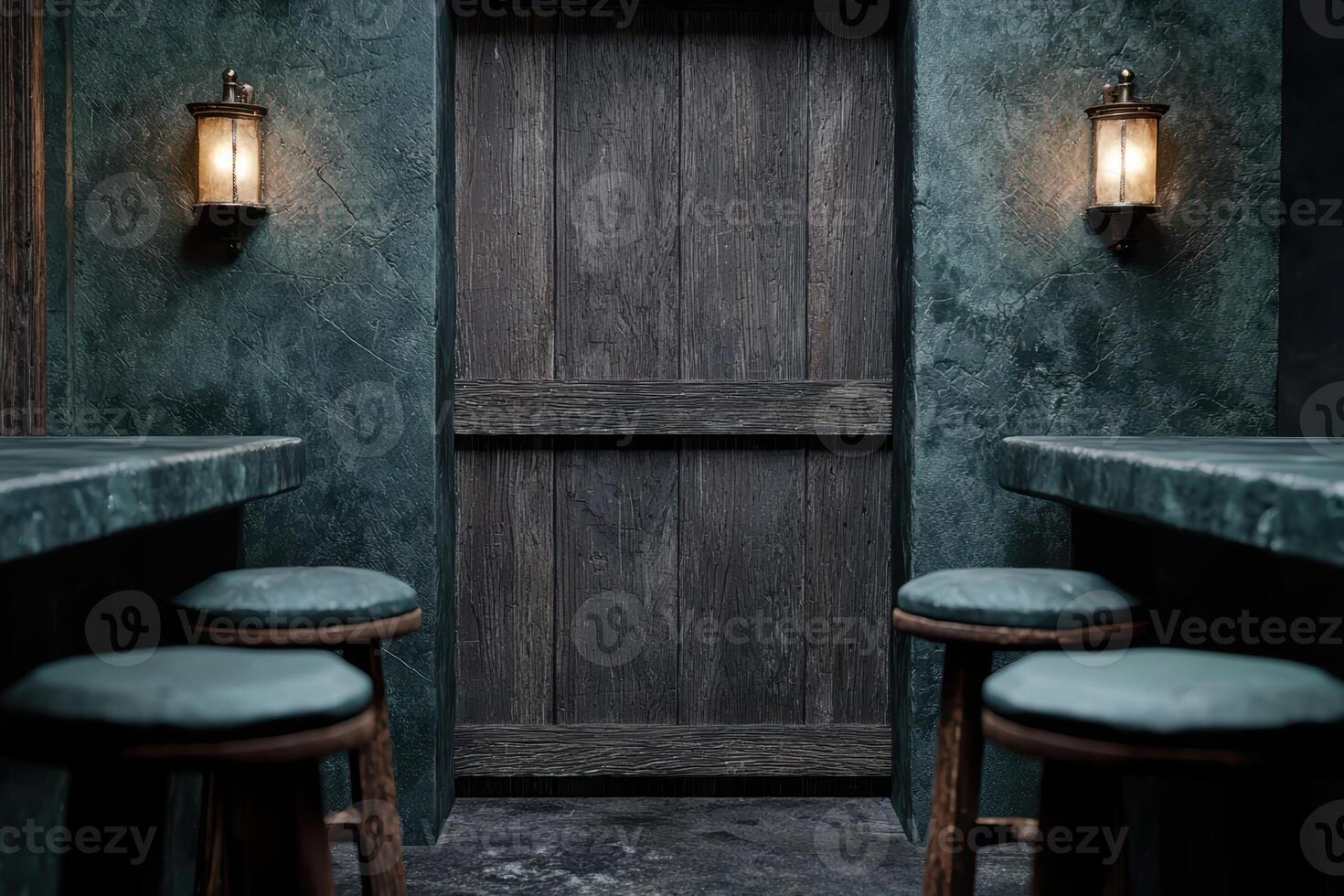 Cozy wooden interior with stone walls and lighting photo