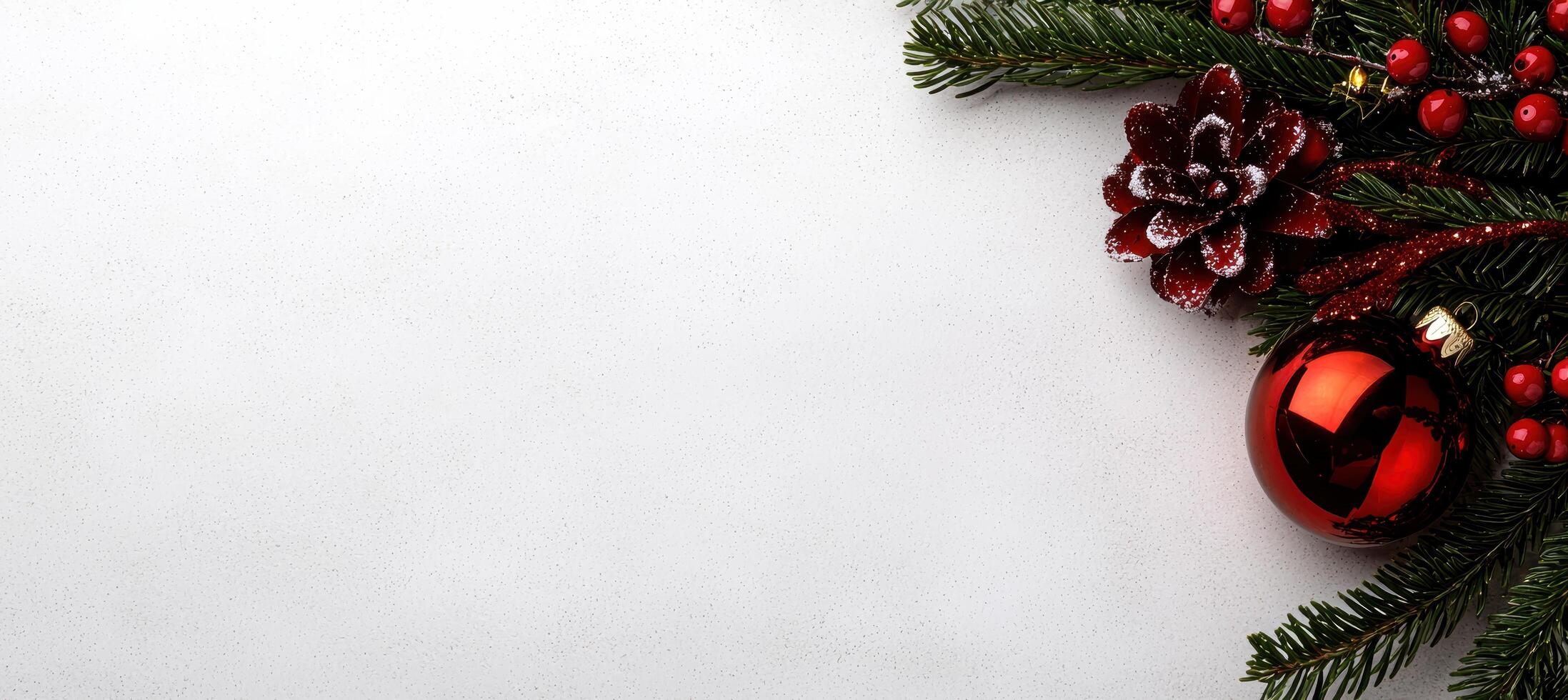 festive christmas holiday background with pine branches, ornaments, and berries photo