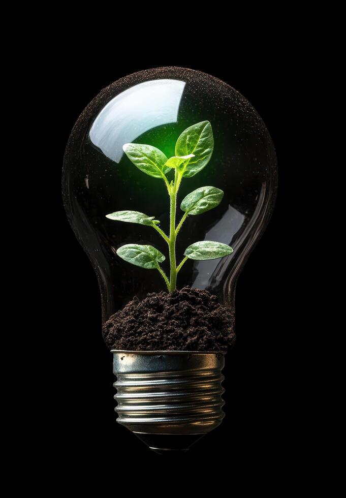 Sustainable energy concept with plant growing in lightbulb photo
