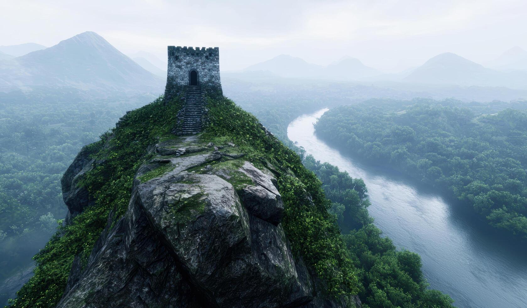 Mysterious castle ruins in the misty mountains photo