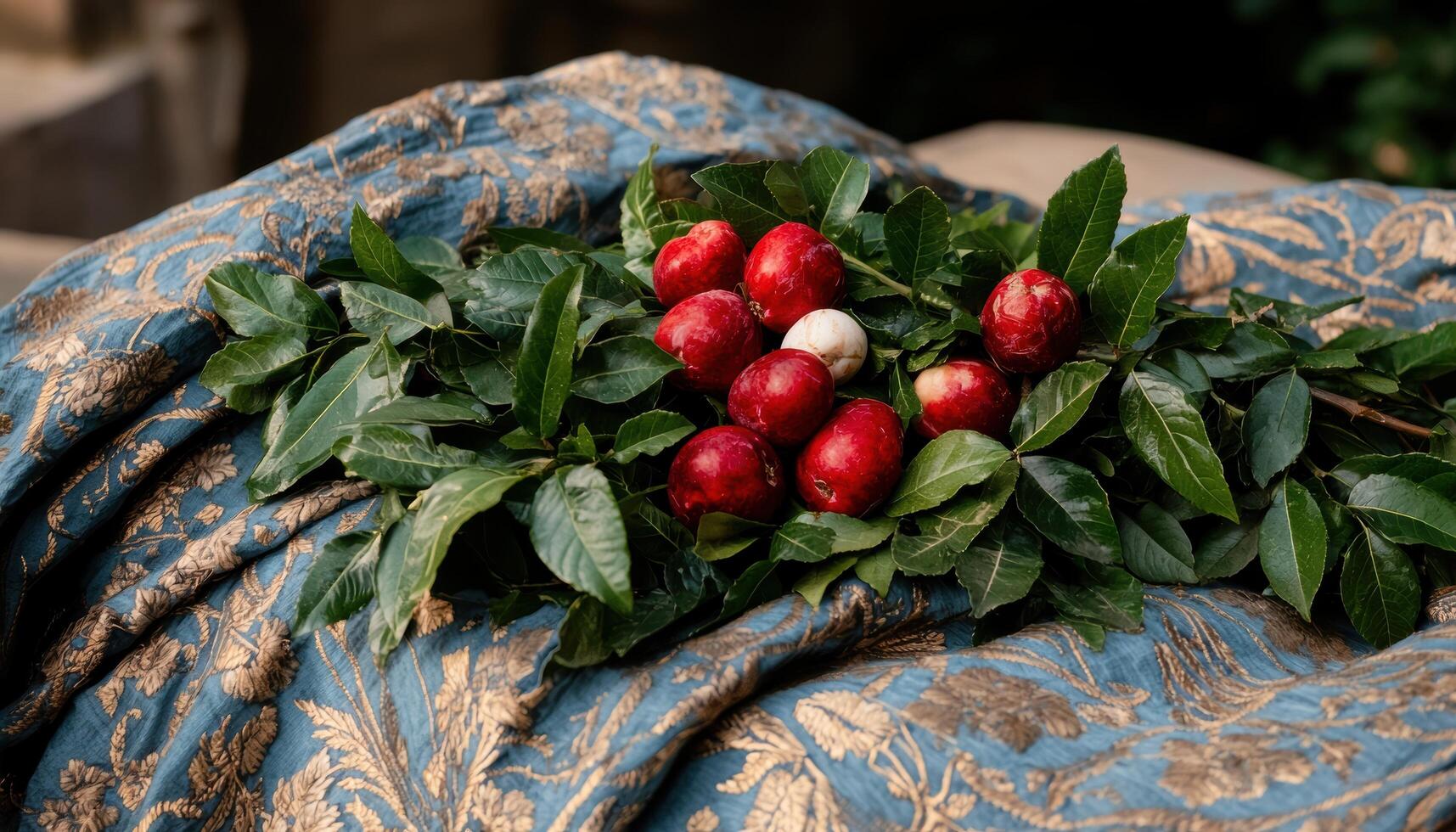 Freshly picked red apples with green leaves on a patterned fabric photo