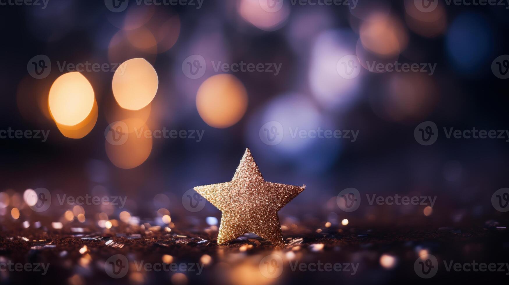 Sparkling golden star on dark background with bokeh lights photo
