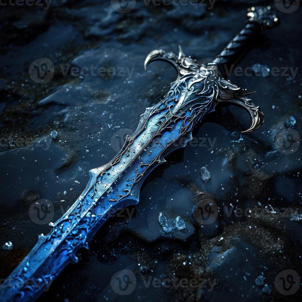 Intricate fantasy sword in dark, icy environment photo