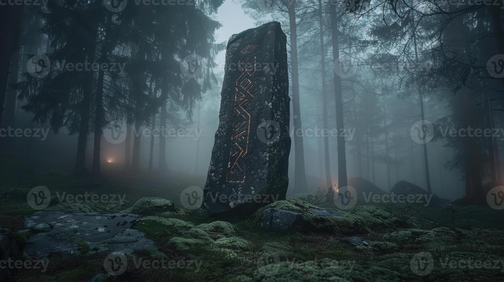 Mysterious rune covered monolith in misty forest photo