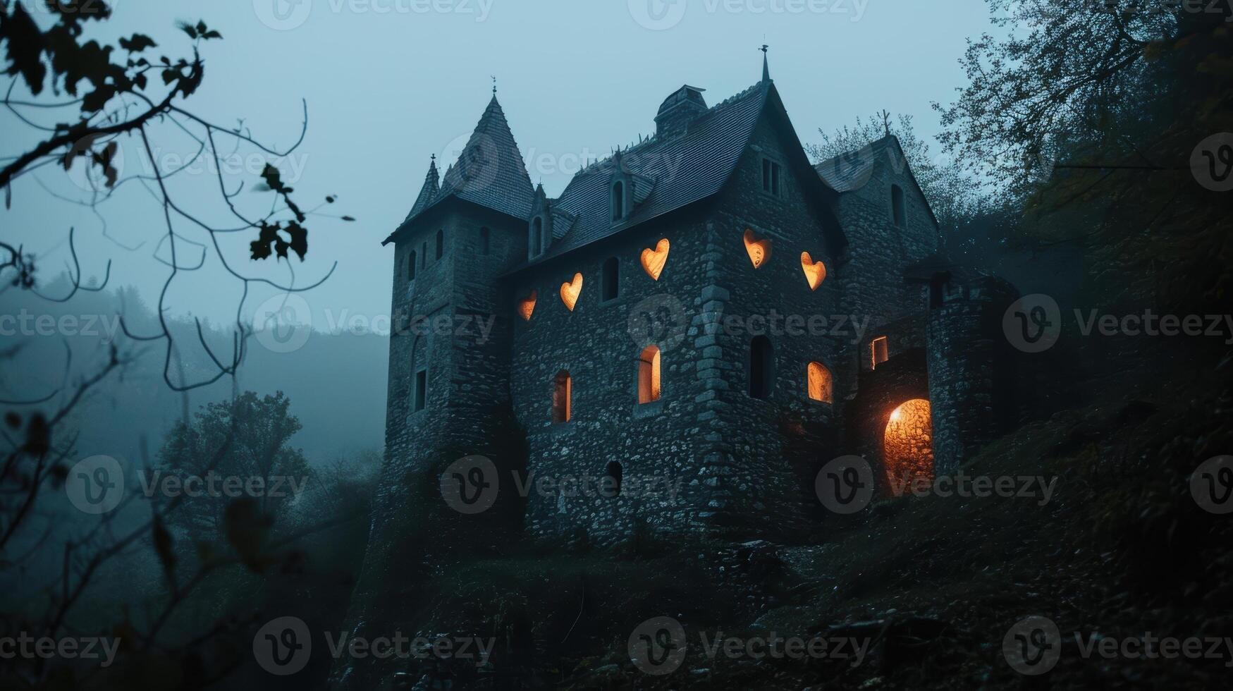 Mysterious medieval castle in the fog at night photo