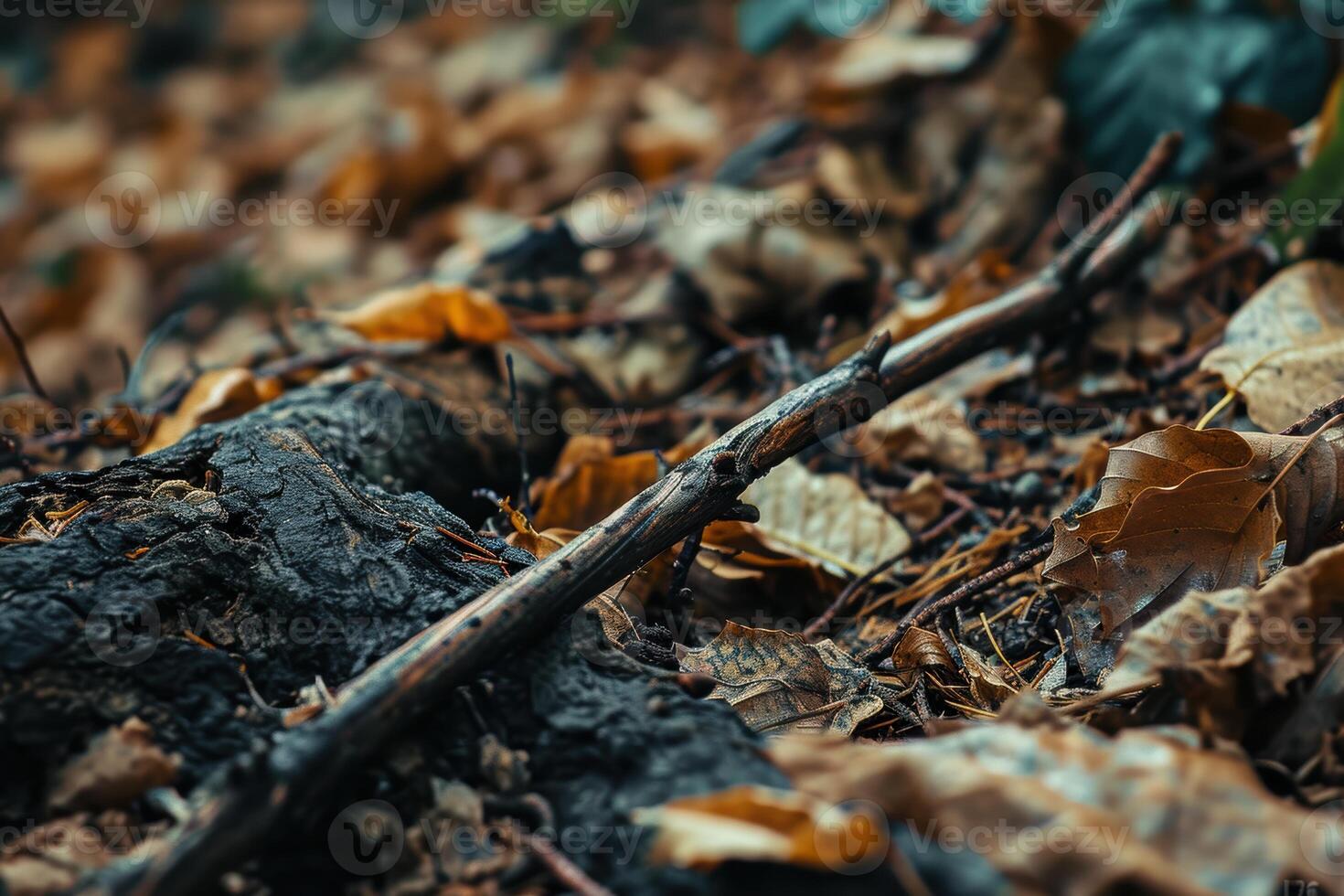 Fallen leaves and branches on forest floor photo