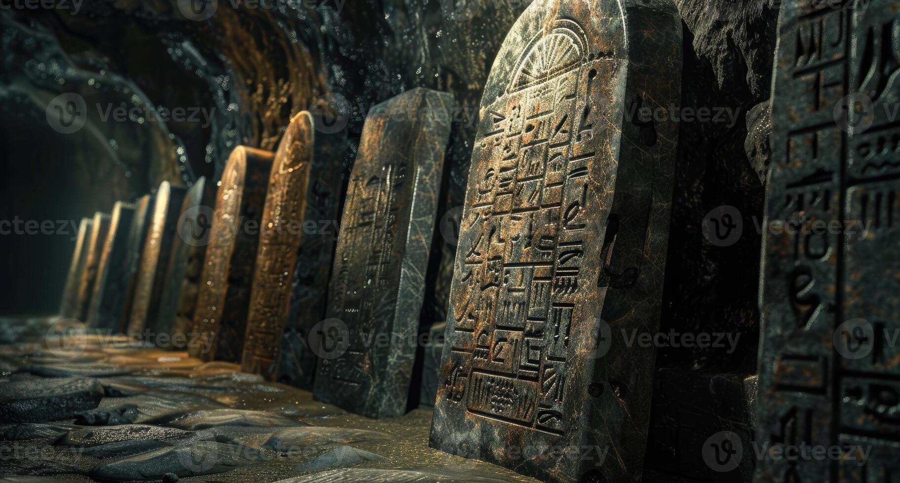Ancient hieroglyphic stone tablets in a dark cave photo