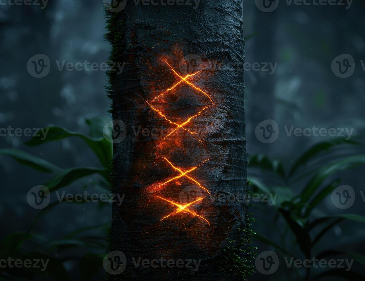 Glowing cracks in a dark tree trunk photo