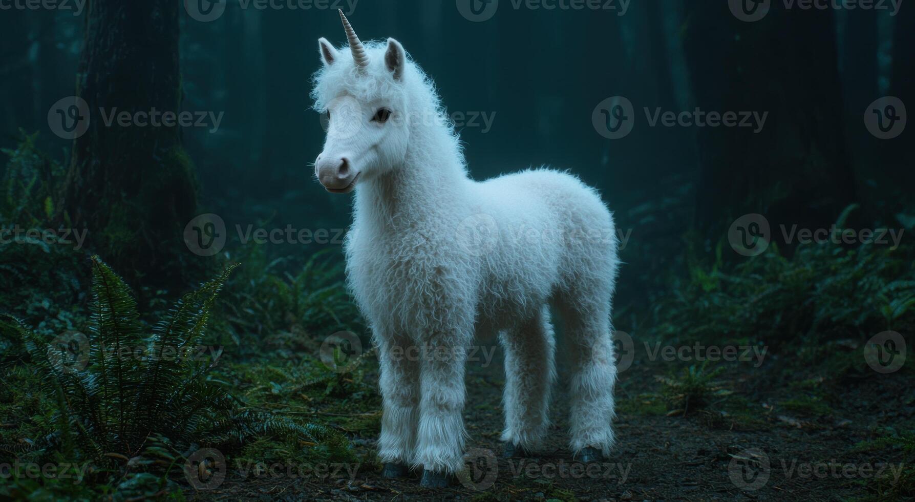Magical white unicorn in enchanted forest photo