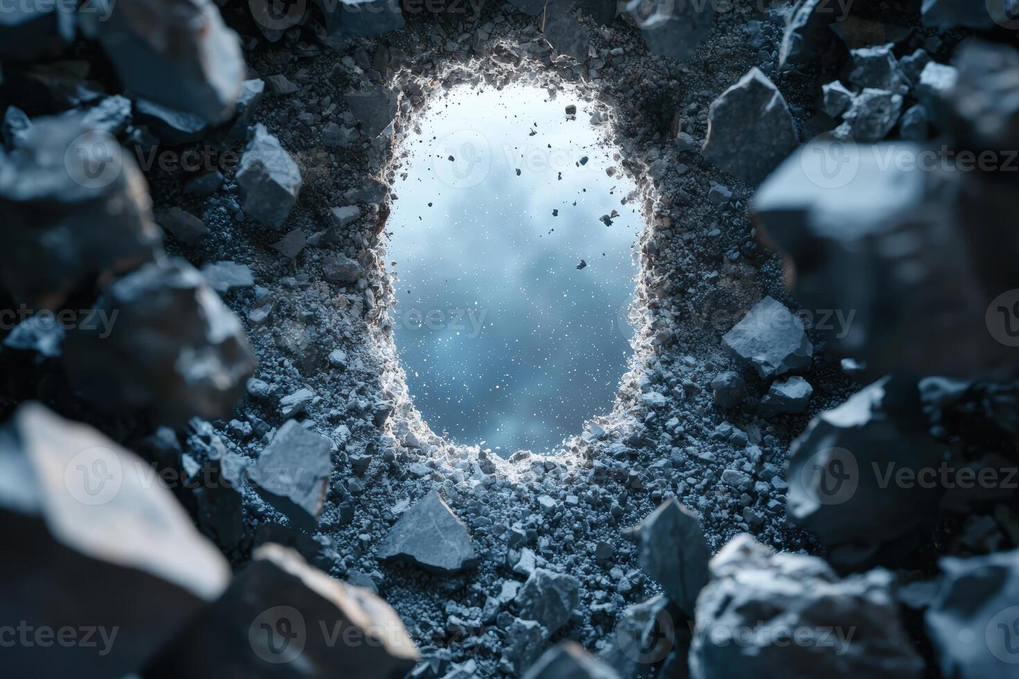 Frozen winter landscape with icy cave opening photo