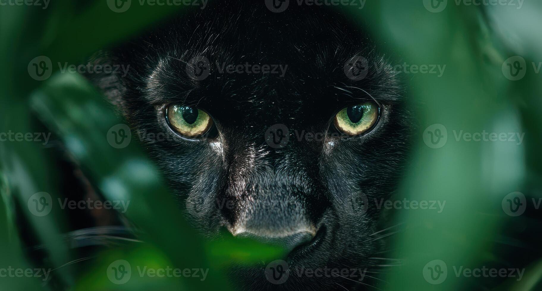 Close up of a black cat with piercing green eyes photo