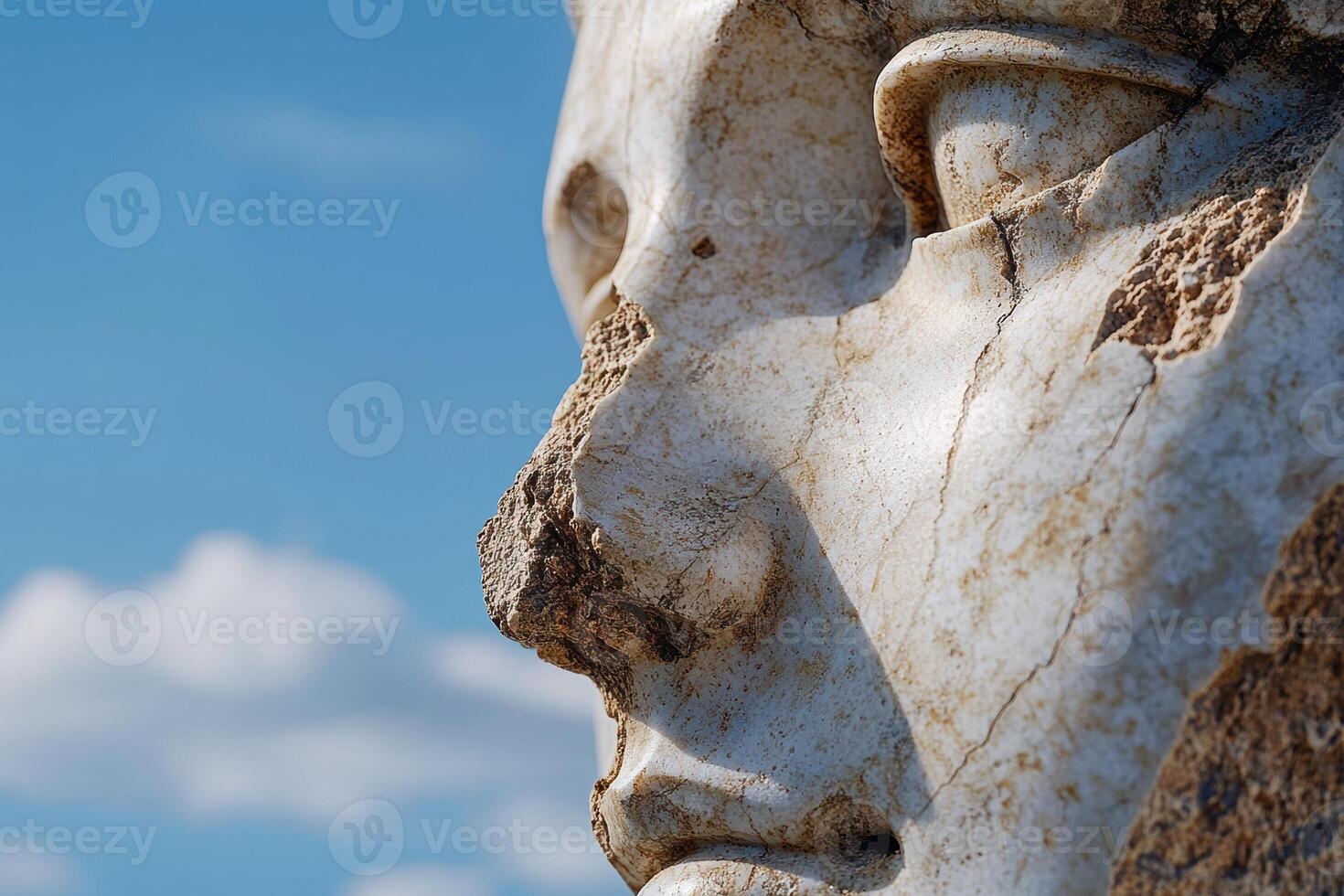Close up of weathered stone sculpture against blue sky photo