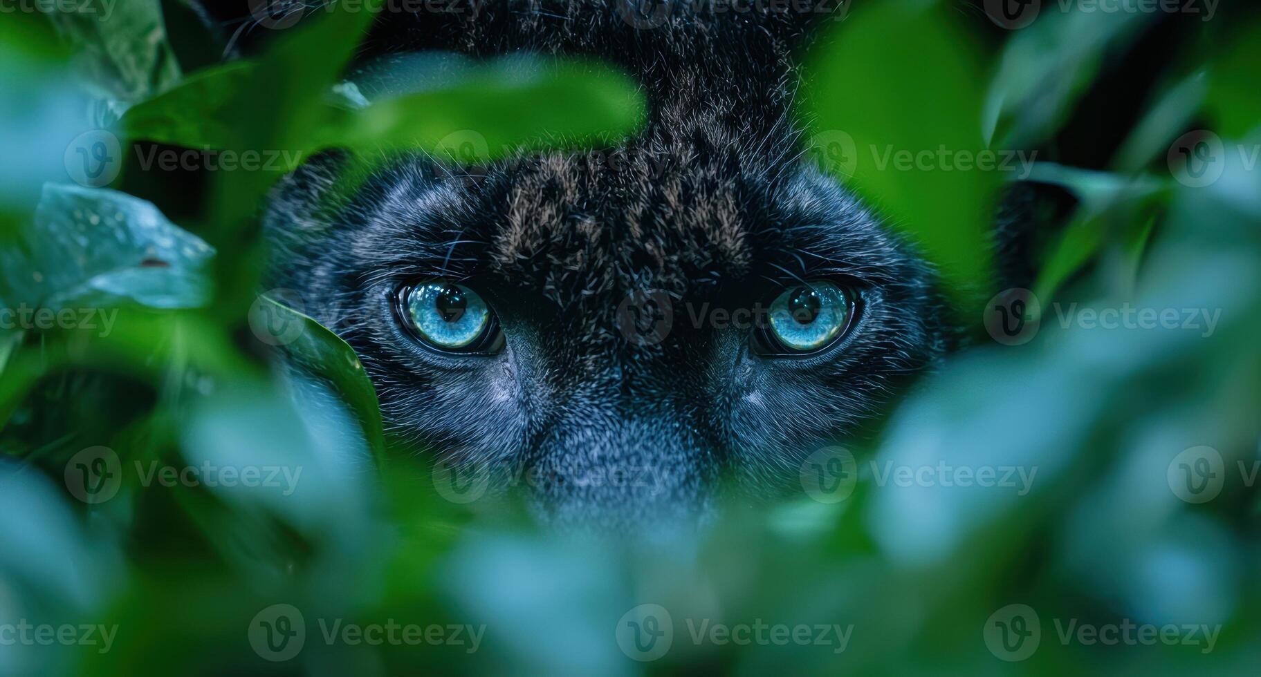 close up of a black cat with vibrant blue eyes peering through lush green foliage photo