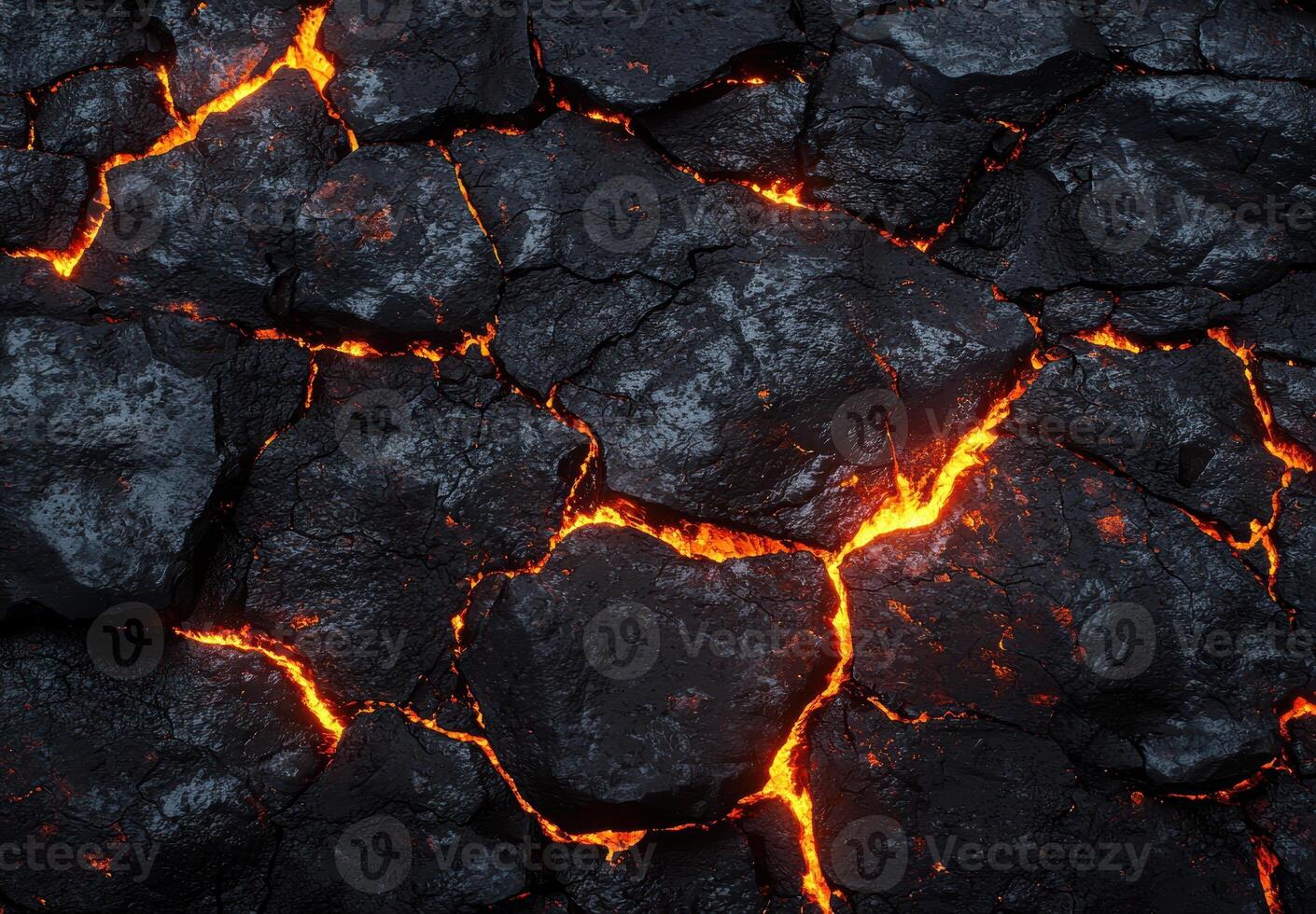 Glowing molten lava cracks in volcanic rock photo