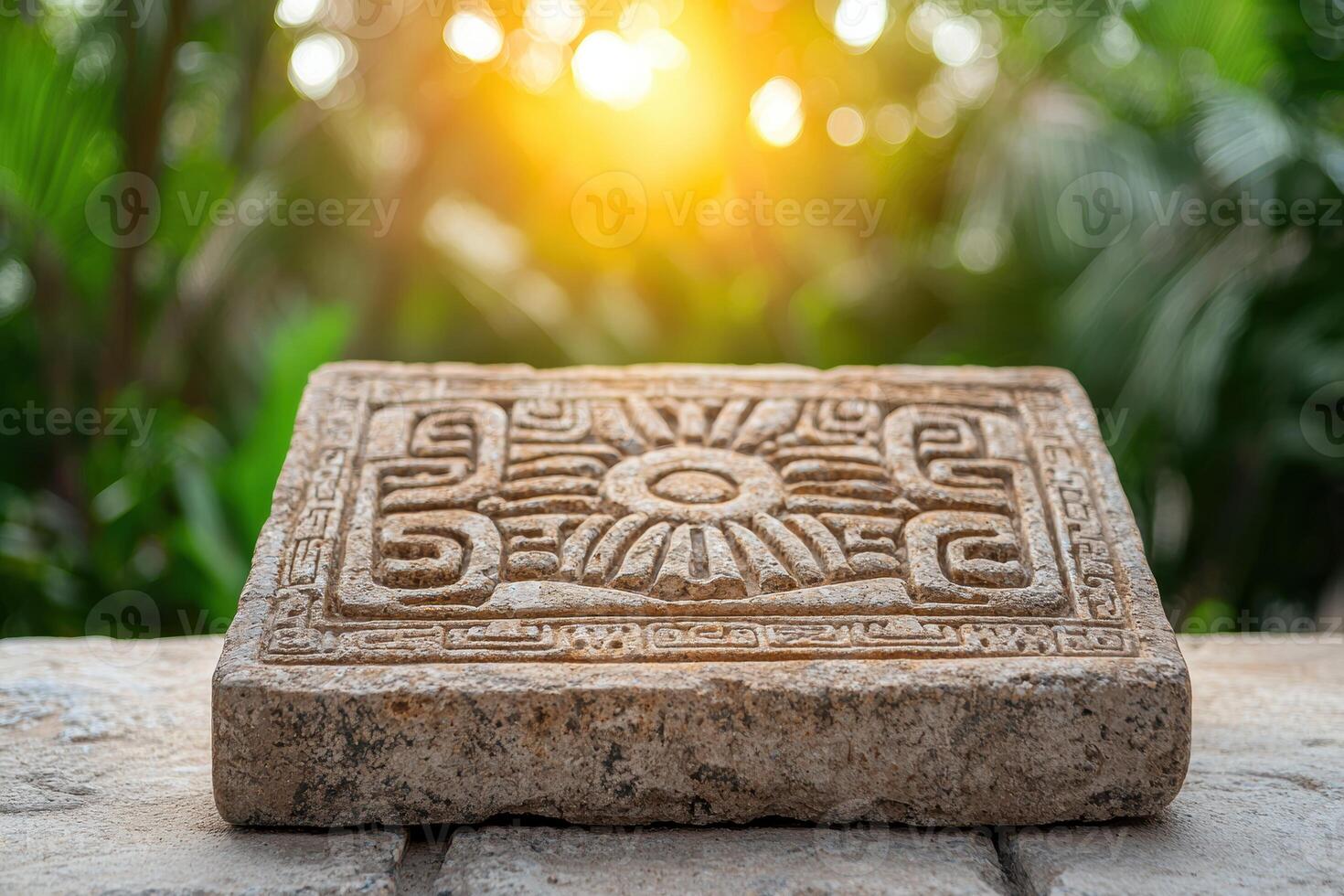 Carved stone tablet with ancient symbols in nature photo