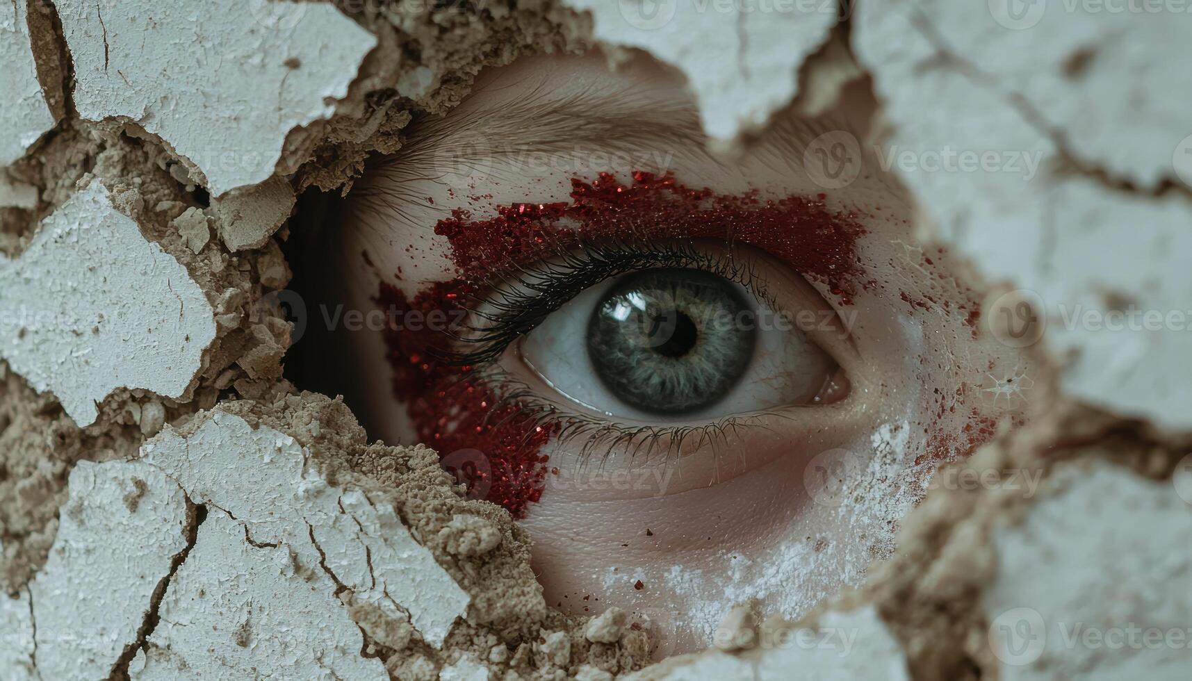 close up of a mysterious eye surrounded by cracked and damaged texture photo