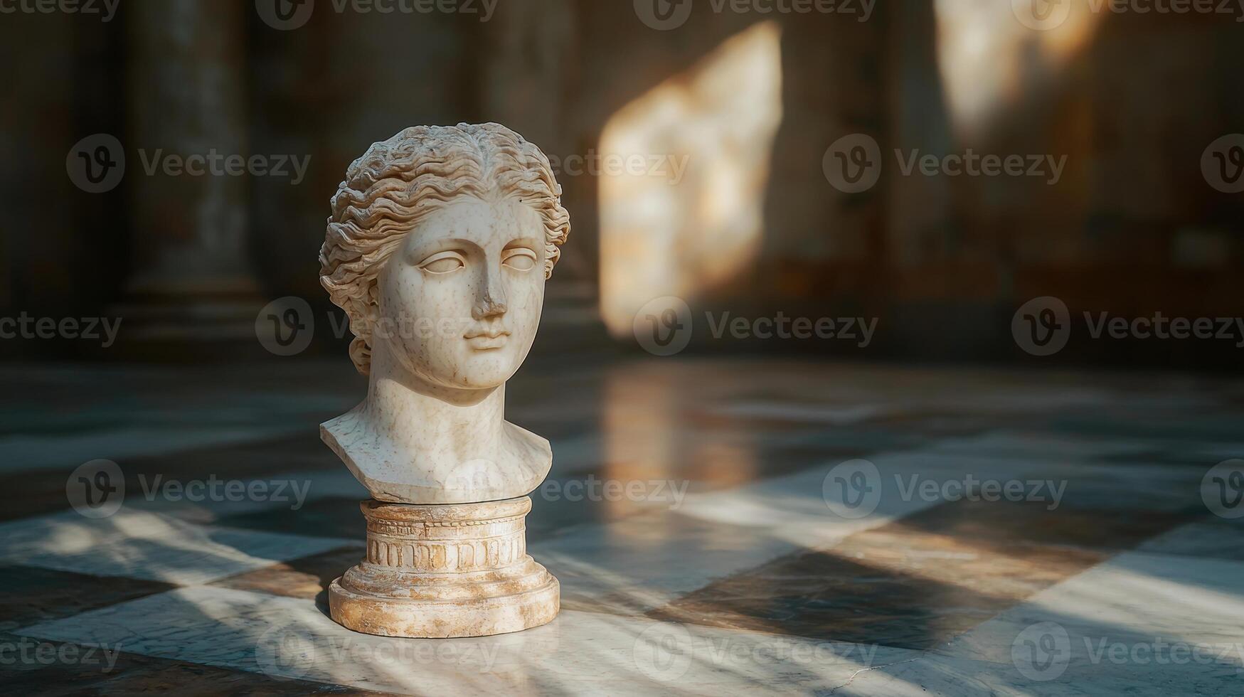 ancient greek marble bust in a reflective pool photo