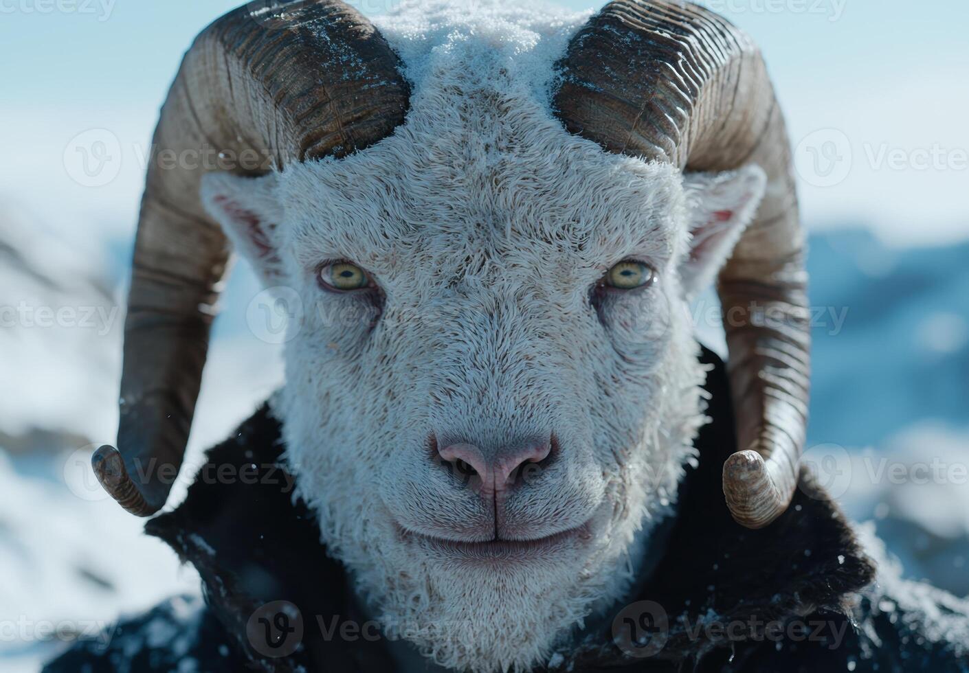 close up portrait of a white mountain goat in snowy landscape photo