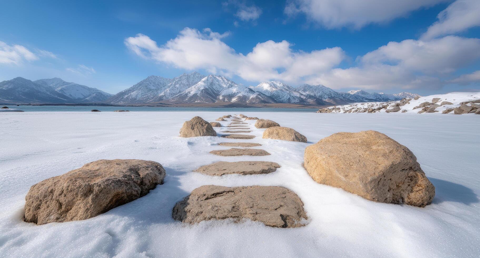 Serene winter landscape with snow capped mountains and frozen lake photo