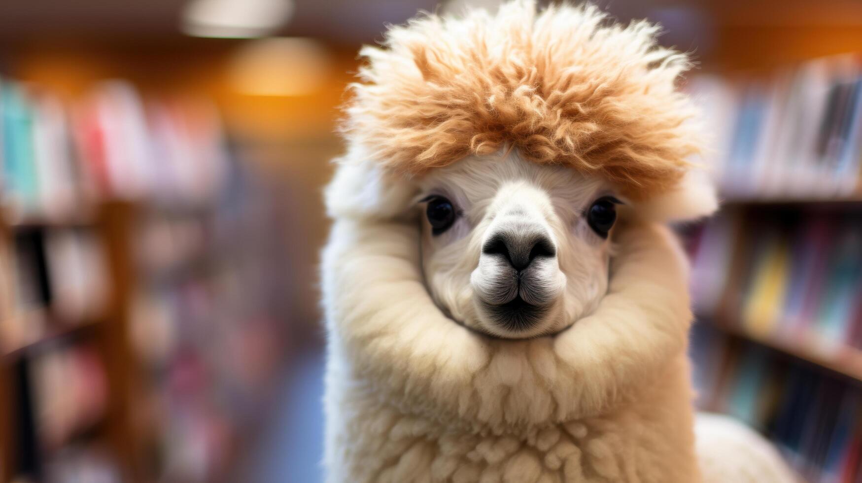 Adorable fluffy alpaca with big eyes photo