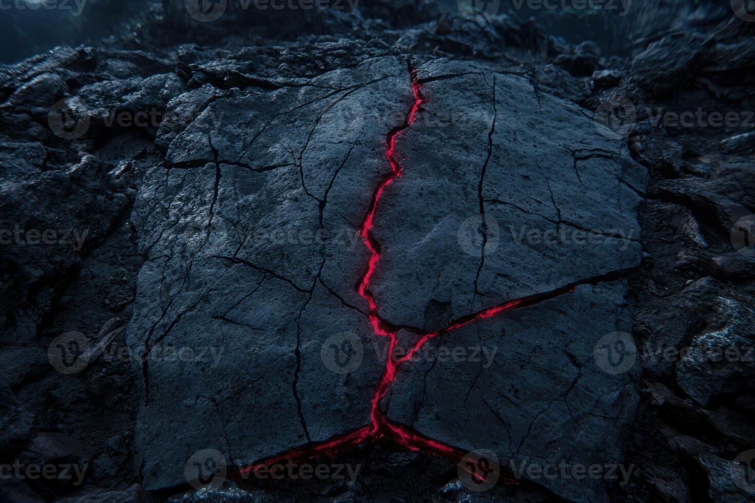 Glowing Lava Flowing Through Cracks in Dark Volcanic Rock photo