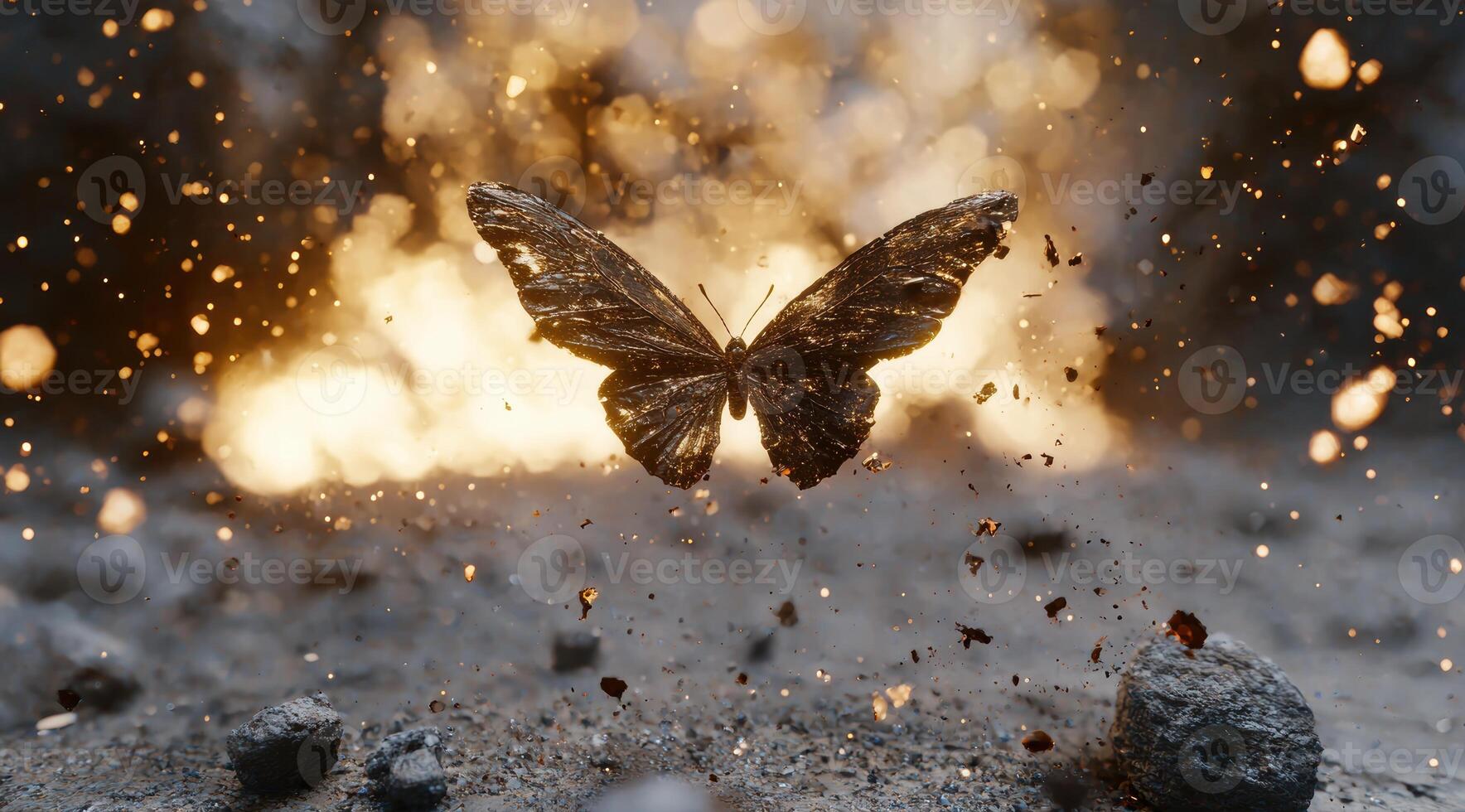 Magical golden butterfly in sparkling fantasy environment photo