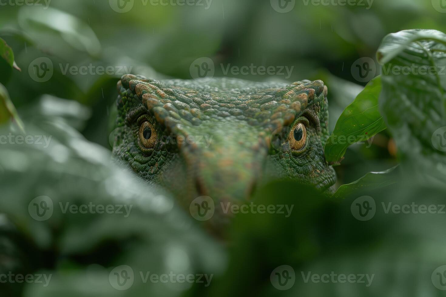 Close up of a green chameleon in the rainforest photo