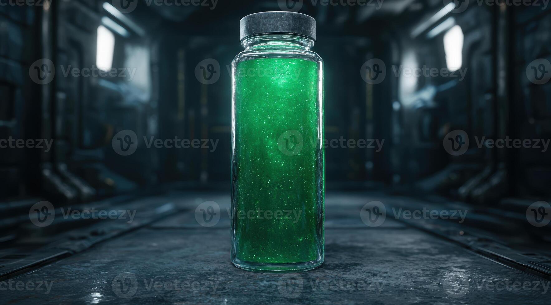 Glowing green liquid in glass jar photo